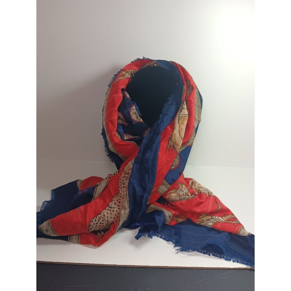 VTG Jim Renoir Wild Cats Italian Blue & Red Short Fringe 45x45" Square Scarf